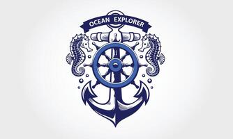 oceaan ontdekkingsreiziger vector logo sjabloon. deze logo met schip anker, en zeepaardje een Super goed geschikt voor duiken club, zee en oceaan exploratie avontuur nautische icoon.