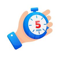 hand- stevig aangrijpend een blauw stopwatch reeks naar 5 minuten, met een prominent rood hoogtepunt Aan de timer vector