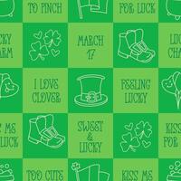 st patricks dag grappig naadloos patroon met een geruit groen achtergrond en schattig hand getekend Iers vakantie citaten, pictogrammen, symbolen, en elementen. vector