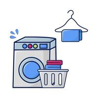 het wassen machine, handdoek hangende met wasserij in mand illustratie vector