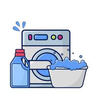 het wassen machine, fles wasmiddel met water in bassin illustratie vector