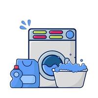 het wassen machine, fles wasmiddel met water in bassin illustratie vector