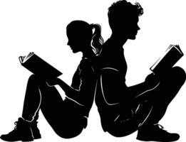 ai gegenereerd silhouet tiener meisje en jongen lezing boek samen zwart kleur enkel en alleen vector