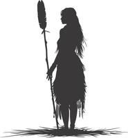 ai gegenereerd silhouet inheems Amerikaans vrouw Holding steen wapen zwart kleur enkel en alleen vol lichaam vector
