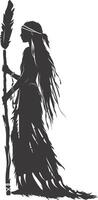 ai gegenereerd silhouet inheems Amerikaans vrouw Holding steen wapen zwart kleur enkel en alleen vol lichaam vector