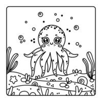 Octopus kleur boek. schattig onderwater- dier glimlacht en golven haar tentakels. vriendelijk oceaan weekdier Aan de zeebedding tussen zeewier, schelpen. hand- getrokken schets, zwart tekening. grappig zee huisdier voor kinderen vector