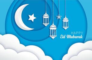 eid mubarak papier besnoeiing achtergrond en halve maan maan vector