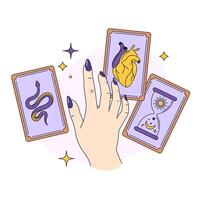 vrouw hand- over- tarot kaarten. esoterisch, magie, hekserij, astrologie illustratie. fortuin vertellen, waarzeggerij, mysticus tekening vector