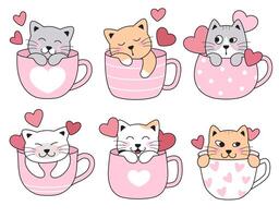 schattig katten, kittens in thee, koffie kopjes, mokken met harten. slapen, verbergen, Vrolijk, liefde huisdieren. reeks van gemakkelijk liefde tekenfilm tekeningen. vector