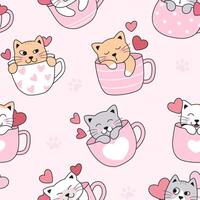 schattig katten, kittens in thee, koffie kopjes, mokken met versnellingen. naadloos patroon, achtergrond. liefde huisdieren. gemakkelijk tekenfilm vector tekeningen.