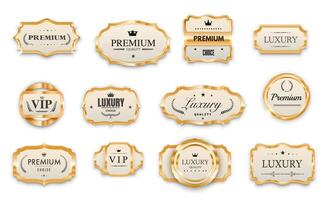 luxe vip gouden etiketten, premie label, prijs zegels vector