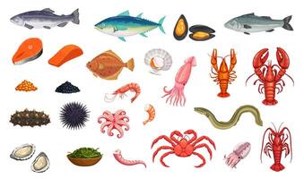 tekenfilm zeevruchten en vis, vector voedsel, zee dieren