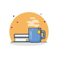 warm thee in een theekopje naast sommige boek vector illustratie. thee tijd concept