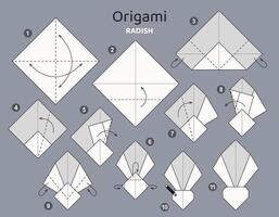 radijs origami regeling zelfstudie in beweging model. origami voor kinderen. stap door stap hoe naar maken een schattig origami groente. vector illustratie.