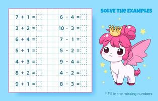 oplossen de voorbeelden. toevoeging en aftrekken omhoog naar 10. wiskundig puzzel spel. werkblad voor school, peuter- kinderen. vector illustratie. tekenfilm leerzaam spel met schattig pony voor kinderen.