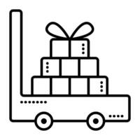 trolley met laden, zwart lijn vector icoon, de teken van magazijn vervoer met pakketjes