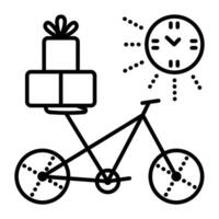 levering door fiets, zwart lijn vector icoon, teken van fiets met pakketten en pictogram van zonneklok, dag levering