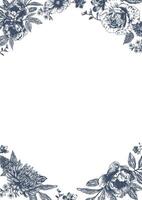 botanisch blauw bruiloft kader of krans Aan wit achtergrond. hand- getrokken bloemen, bloem, blad Afdeling in zwoegen de jouy stijl. lijn kunst voor bruiloft, monogram, uitnodiging, groet, logo, verjaardag kaarten vector