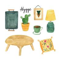 hygge huis decor en knus interieur. schattig huis plant, tafel lamp, koffie, hoofdkussen en kat in fauteuil vector