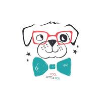 schattig hond met bril en boog binden. hand- getrokken vector illustratie