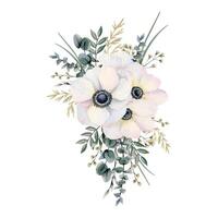 wit anemonen boeket driehoek samenstelling met veld- klaprozen bloemen, eucalyptus en gras waterverf vector illustratie