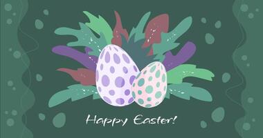 gelukkig Pasen banier met versierd eieren verborgen in gras, modern poster, groet met lente christen vakantie. vector illustratie.