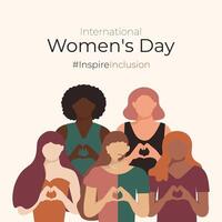 inspirereninclusie Internationale vrouwen dag 2024 plein groet kaart. minimalistische posters met inspireren inclusie slogan. verschillend Dames met hartvormig handen staan samen voor berichten Aan sociaal media. vector