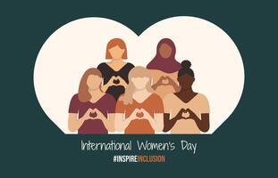 iwd inspirereninclusie horizontaal ontwerp met meisjes shows hart vorm met handen Aan donker achtergrond. Internationale vrouwen dag banier 2024. inspireren inclusie gevarieerd Dames in gezichtsloos stijl. vector