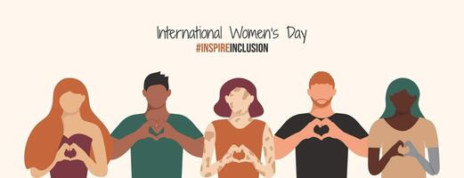 mannen en meisjes kant door kant Aan inspireren inclusie 2024 Internationale vrouwen dag spandoek. verscheidenheid multiraciaal meisjes en jongens met verschillend figuur, leeftijd, gehandicapt staking inspirereninclusie houding Aan iwd. vector