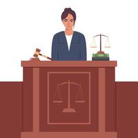 rechter met hamer. vrouw in zwart gewaad met hamer. jurisprudentie, gerechtigheid en wet. wettelijk en veroordeling. oordeel concept. vector illustratie.