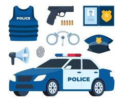Politie professioneel uitrusting voor na te streven en vastleggen een crimineel. handboeien, kogelvrij hesje, verdoven geweer, pistool geweer, wapenstok, Politie insigne, auto. vector illustratie.