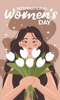 krachtig jong mooi vrouw Holding bloemen voor Internationale vrouwen dag, vector illustratie in gemakkelijk vlak stijl, maart 8 groet kaart voor een meisje