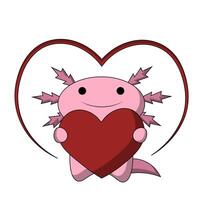 schattig tekenfilm axolotl met hart in kleur vector