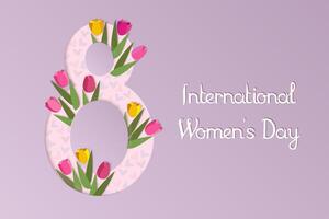 Internationale vrouwen dag elegant belettering met tulpen en de aantal acht Aan roze achtergrond. vector