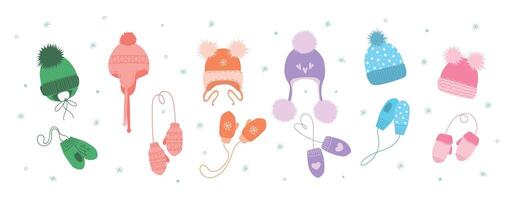 reeks kinderen winter accessoire. gebreid kinderen warm hoofddeksels, herfst en winter accessoires geïsoleerd Aan wit achtergrond pictogrammen set. winter hoed en wanten, kinderachtig medeplichtig vector