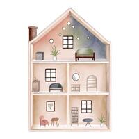 waterverf pop huis met drie verdiepingen, weinig meubilair. waterverf speelgoed. pastel gekleurde marionet vector