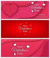 gelukkig valentijnsdag dag achtergrond. reeks van drie horizontaal spandoeken. valentijnsdag dag poster met rood, wit en roze harten. vector illustratie.