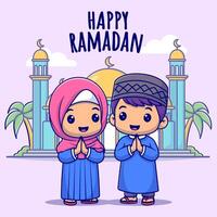 schattig meisje en jongen Moslim voor gelukkig Ramadan tekenfilm vector icoon illustratie.