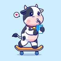 schattig koe drinken melk Aan skateboard tekenfilm vector icoon illustratie. dier sport icoon concept geïsoleerd premie vector. vlak tekenfilm stijl