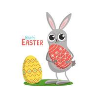 konijn. Pasen ei. schattig haas, weinig konijn. gelukkig Pasen inscriptie. gekleurde eieren. ansichtkaart ontwerp voor Pasen. vector illustratie.