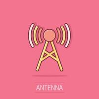 antenne toren icoon in grappig stijl. omroep tekenfilm vector illustratie Aan geïsoleerd achtergrond. Wifi plons effect bedrijf concept.