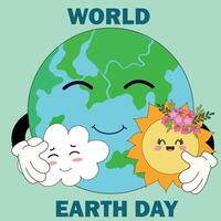 wereld aarde dag. gelukkig groovy wereldbol karakter met zon en wolk. globaal wereld besparing affiches, ecologie en milieu zorg, schattig meisje knuffels planeet. ecologie concept van beschermen natuur vector