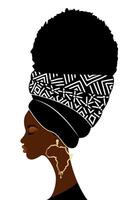 portret Afrikaanse vrouw met traditioneel hoofd tulband voor afro gekruld haar. Afrika luxe goud oorbellen. typisch hoofddoek. schoonheid etnisch mode ontwerp. vector illustratie geïsoleerd Aan wit achtergrond