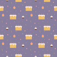 patroon met verjaardag taarten, cupcakes en confetti vector