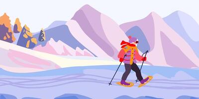 een ouderen Mens Aan een ski reis. berg landschap met ski sporen. winter vakantie en reizen. minimalisme. vector