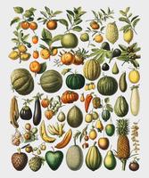 Een vintage illustratie van een grote verscheidenheid aan groenten en fruit uit het boek, Nouveau Larousse Illustre (1898), van Larousse, Pierre, Augé en Claude, Digitaal verbeterd door rawpixel. vector