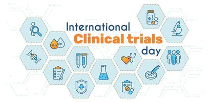 Internationale klinisch beproevingen dag mei 20. vector illustratie in blauw en oranje kleur. concept, banier, infographics verwant naar geneeskunde en Gezondheid.