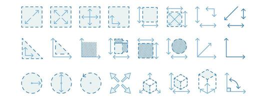reeks van lineair pictogrammen van de grootte of Oppervlakte van een kamer of vloer. vierkant, ruimte, driehoek, cirkel, doos dimensie, meter vector illustratie in blauw.