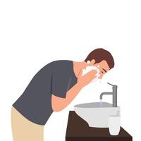jong Mens in badkamer het wassen reiniging voor acne gelaats behandeling in wastafel spatten verkoudheid water op gezicht. vector