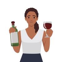jong gelukkig glimlachen vrouw roosteren met wijn glas en Holding fles van wijn, vragen mensen naar toetreden haar. vector